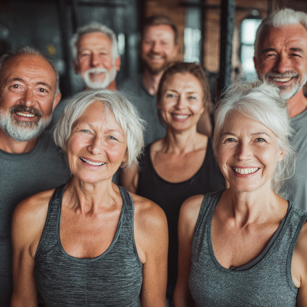 Smiling elderly European man in fitness attire doing cardio exercise with heart rate monitor