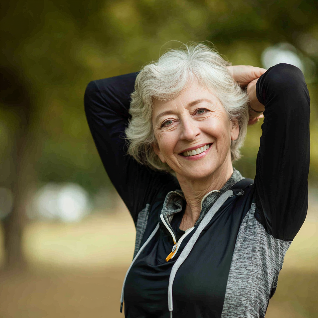Smiling elderly European woman practicing mindful movement and breathing techniques during fitness session